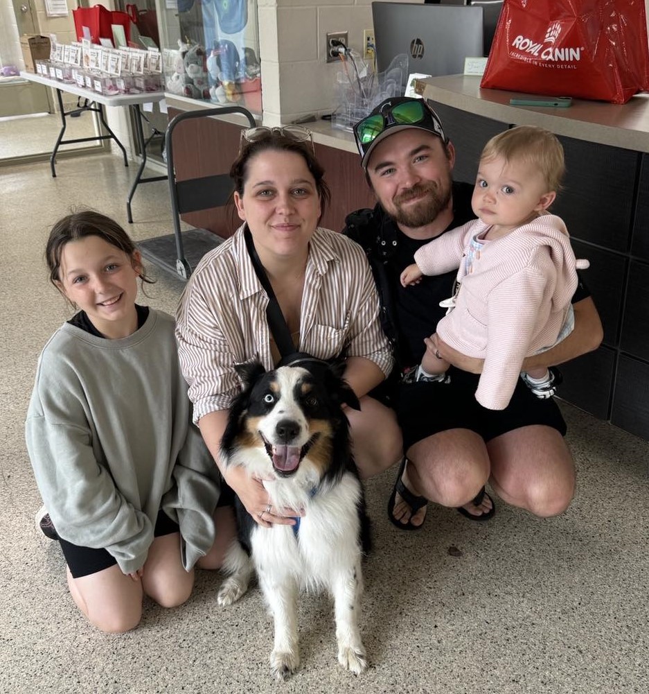Smiling family of four poses with a black and white dog inside an animal centre; a young girl kneels beside the dog, while a woman, man, and baby crouch close together behind it.