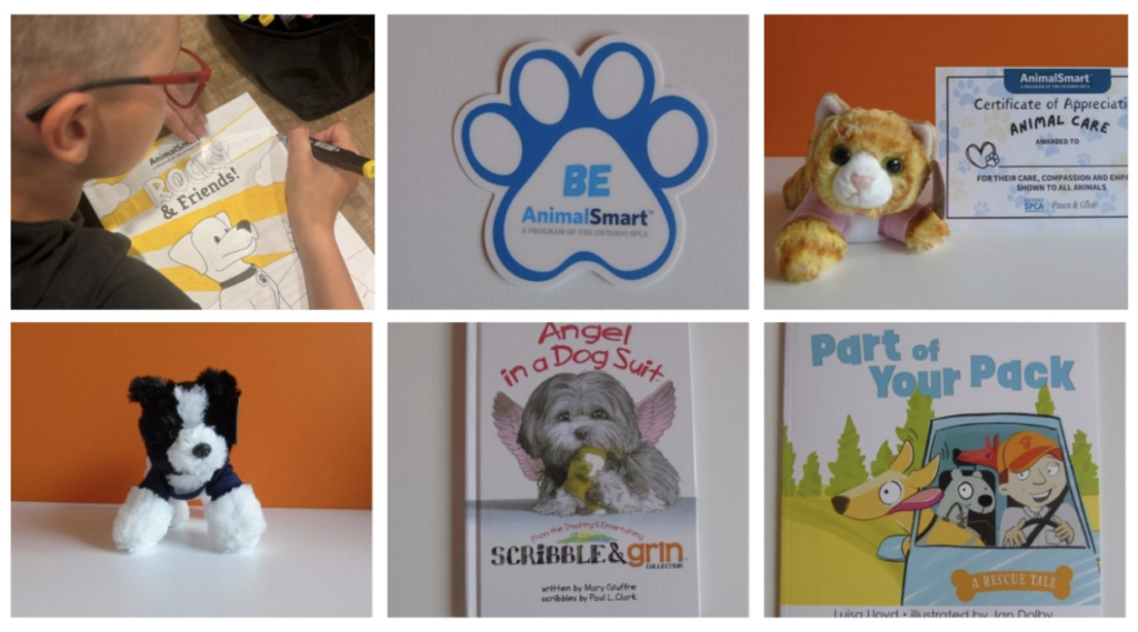 AnimalSmart™ educational program items including colouring pages, plush animals, certificates, and children's books