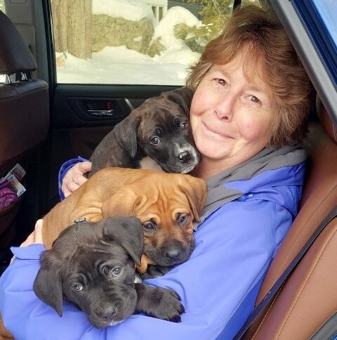 Smiling woman in a blue jacket sitting in a car, holding three young puppies close to her chest