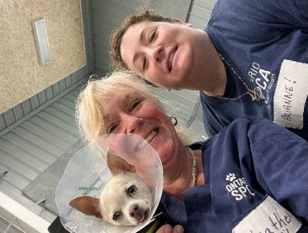 Two Ontario SPCA staff members smiling with a small dog wearing a recovery cone after surgery.