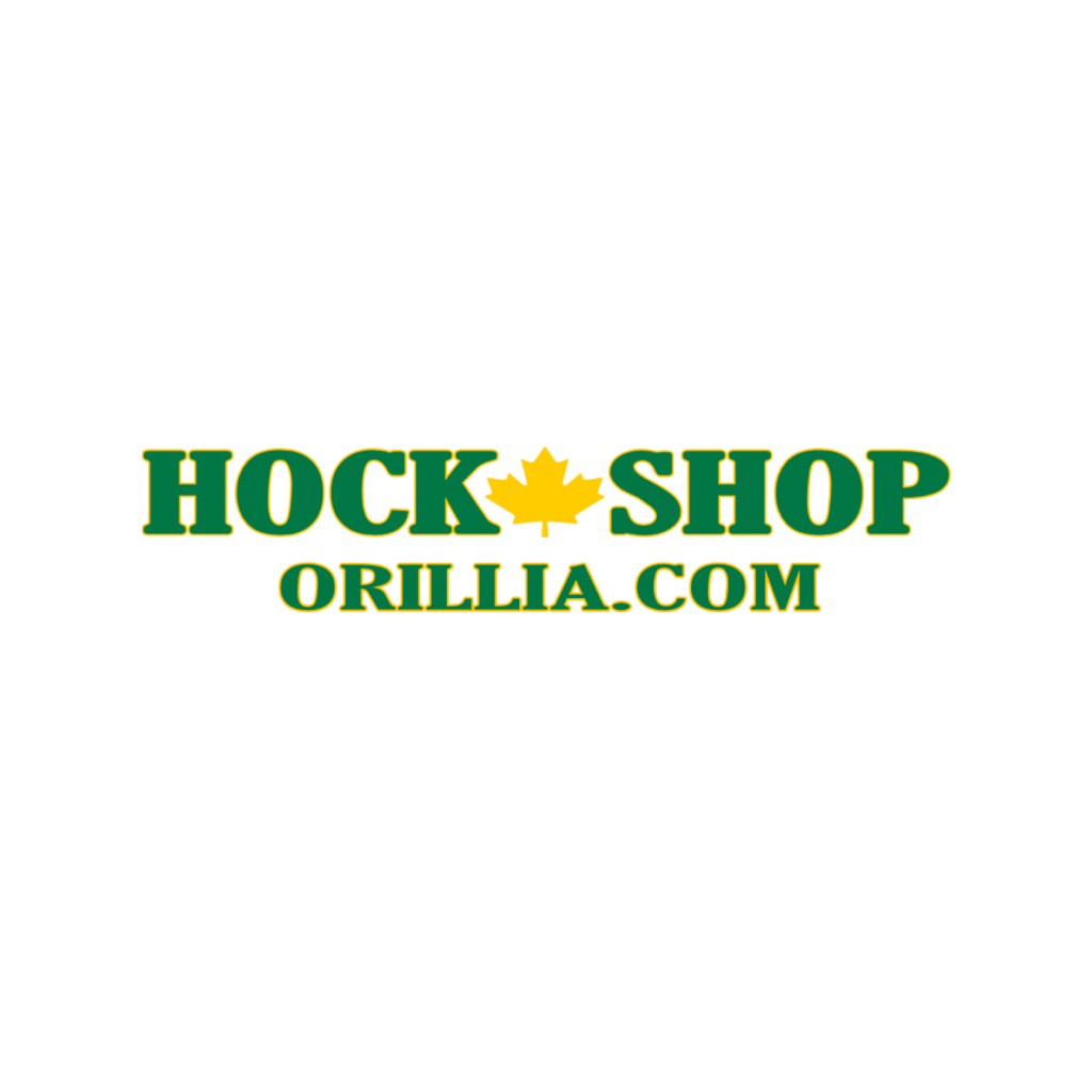 Hock Shop Orillia logo with a yellow maple leaf between green text on a white background.
