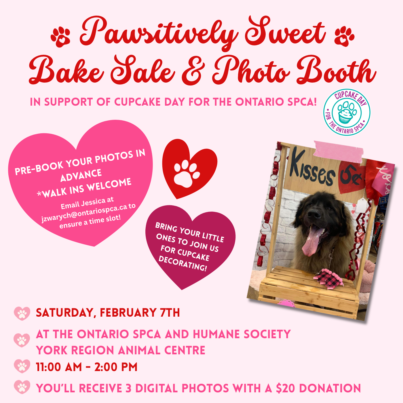 Image with event details for Pawsitively Sweet Bake Sale and Photo Booth. Photo of a large, fluffy dog with its tongue out sitting in a Valentine’s-themed photo booth with a “Kisses 5¢” sign.