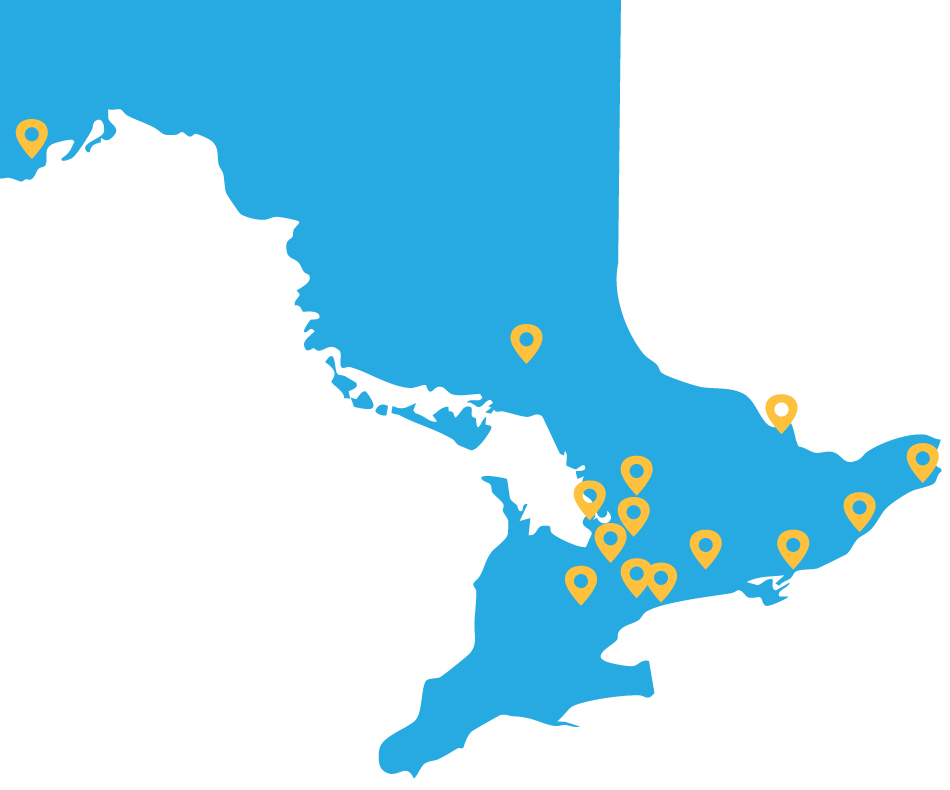 map of Ontario showing our animal centre locations