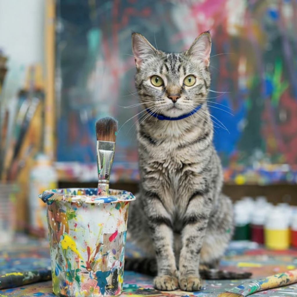 A gray tabby cat wearing a blue collar sits on a paint-splattered table in an art studio, facing the camera, with a paintbrush standing in a colorful cup and abstract paintings and brushes blurred in the background.