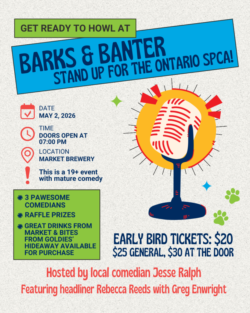 event graphic with vintage microphone cartoon and details for barks and banter event