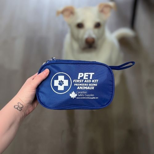 Hand holding an Ontario SPCA and Humane Society pet waste bag holder outdoors