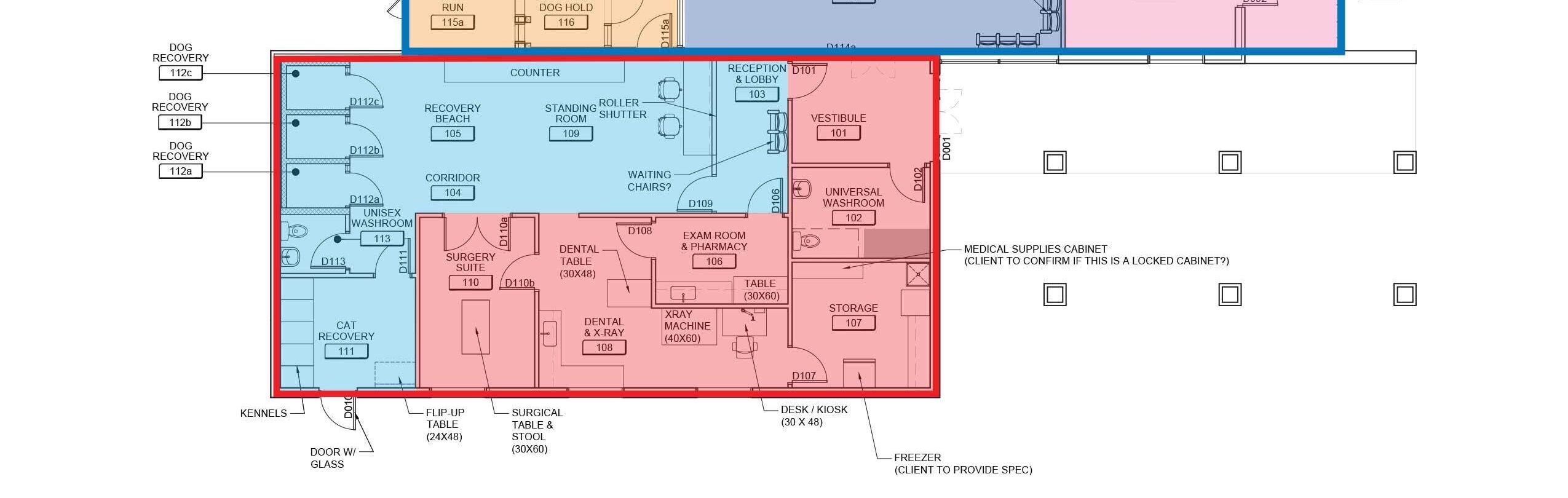 Floor plan of the Cornwall and Region Animal Centre and Veterinary Clinic showing adoption areas, medical suites, recovery spaces, and office layout