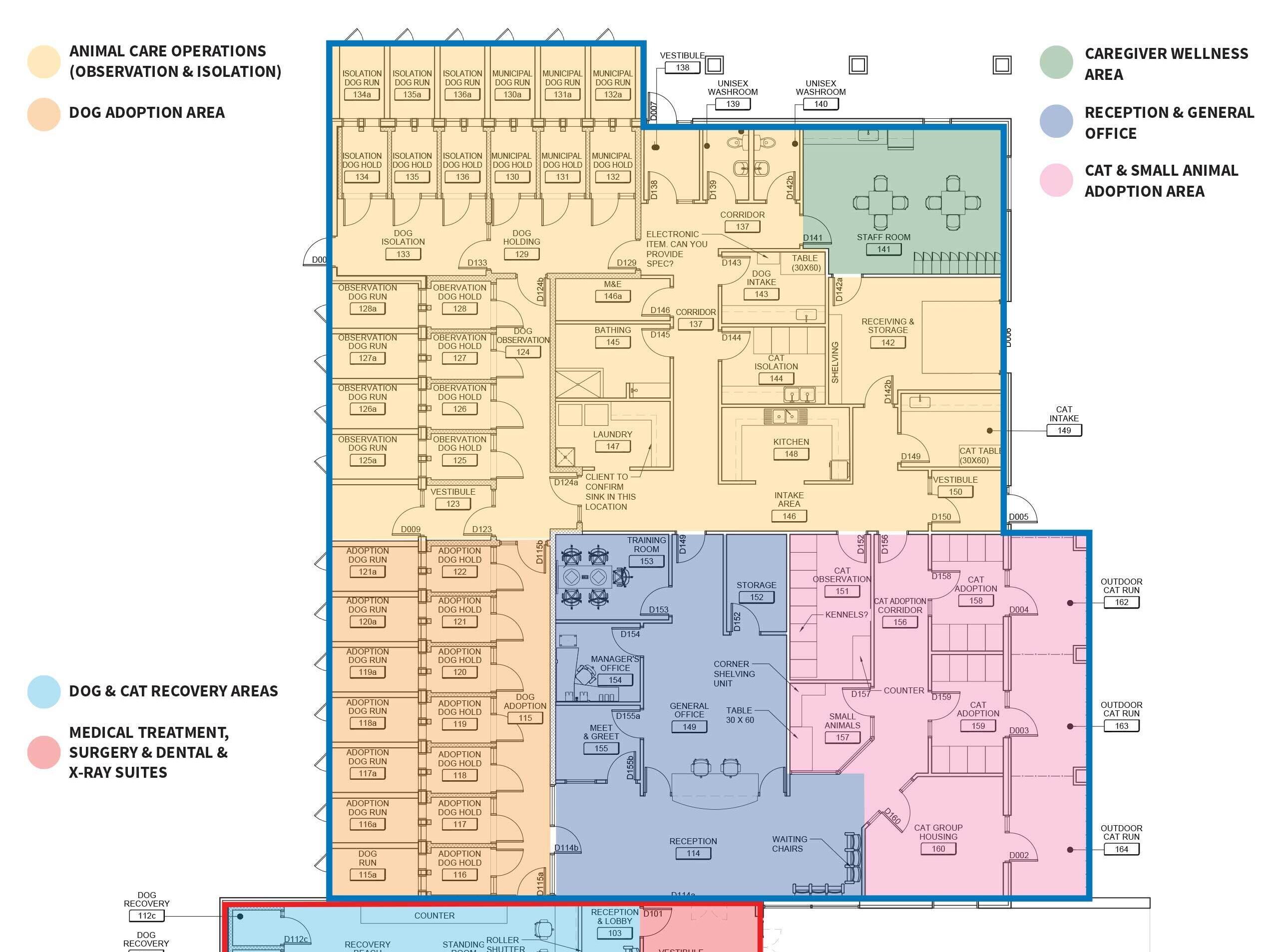Floor plan of the Cornwall and Region Animal Centre and Veterinary Clinic showing adoption areas, medical suites, recovery spaces, and office layout