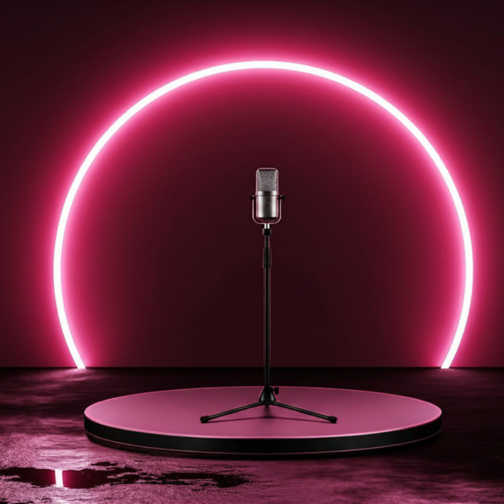 image of stage with pink backlighting and a microphone and stand on centre stage
