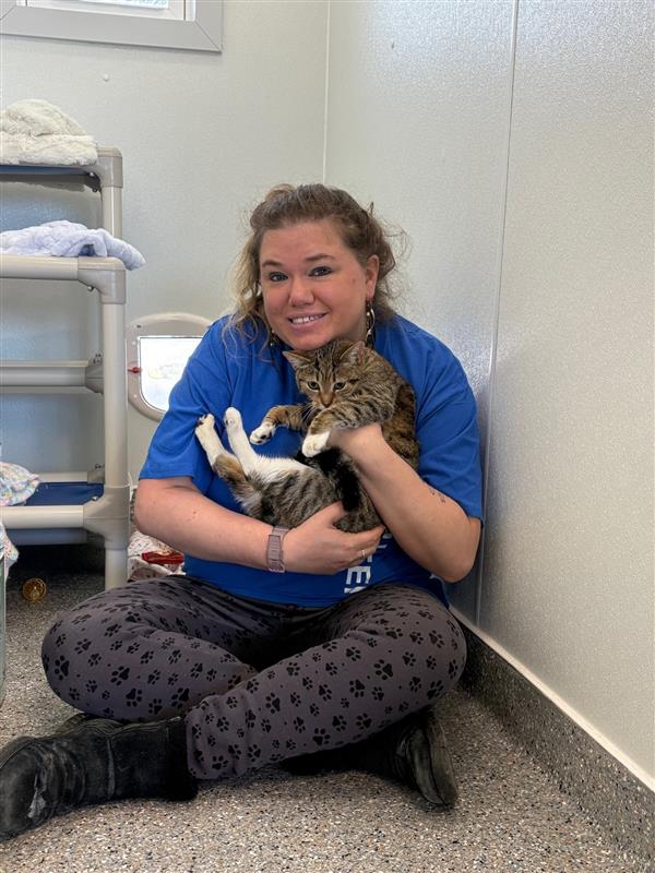 Woman holding cat at animal centre