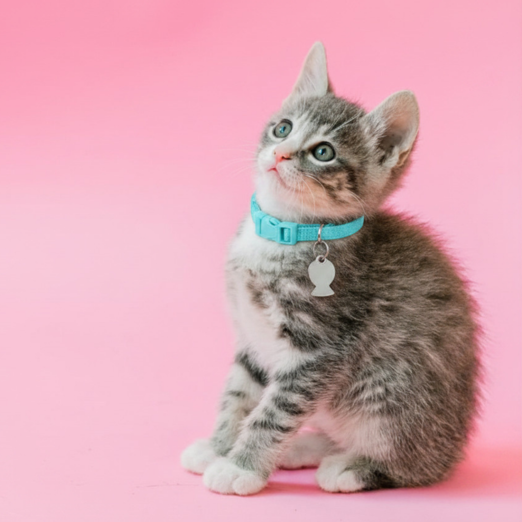 grey and white kitten with blue collar sitting in a pink room