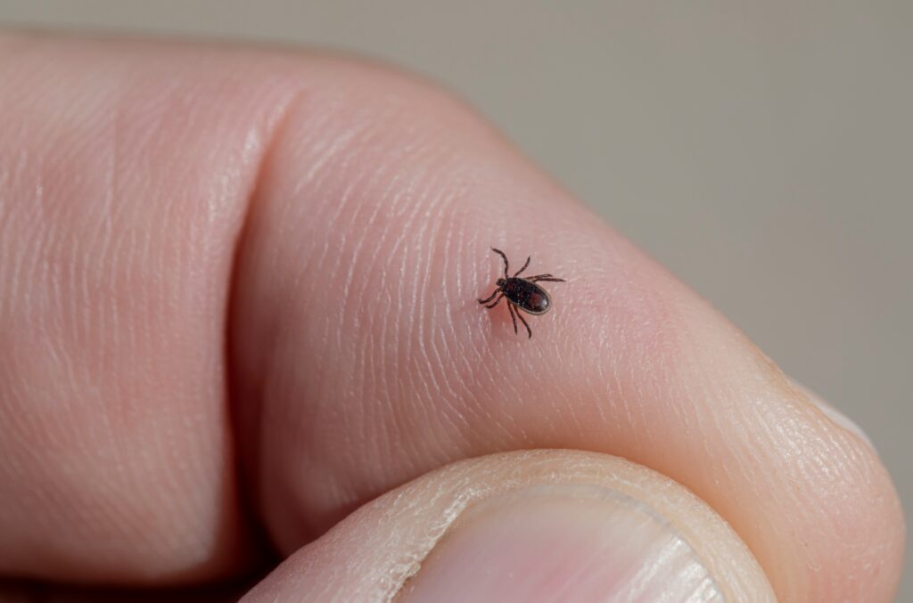 Close-up photo of a tiny black tick crawling on the tip of a person's finger.