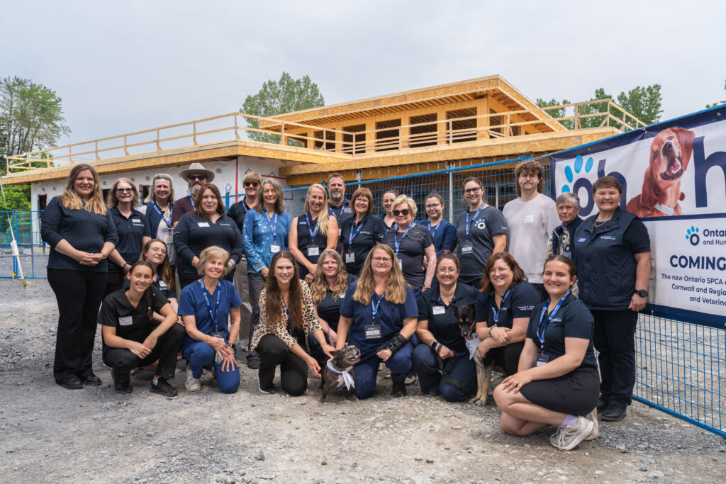 A large group of staff, volunteers, and supporters pose together in front of a partially constructed animal care facility