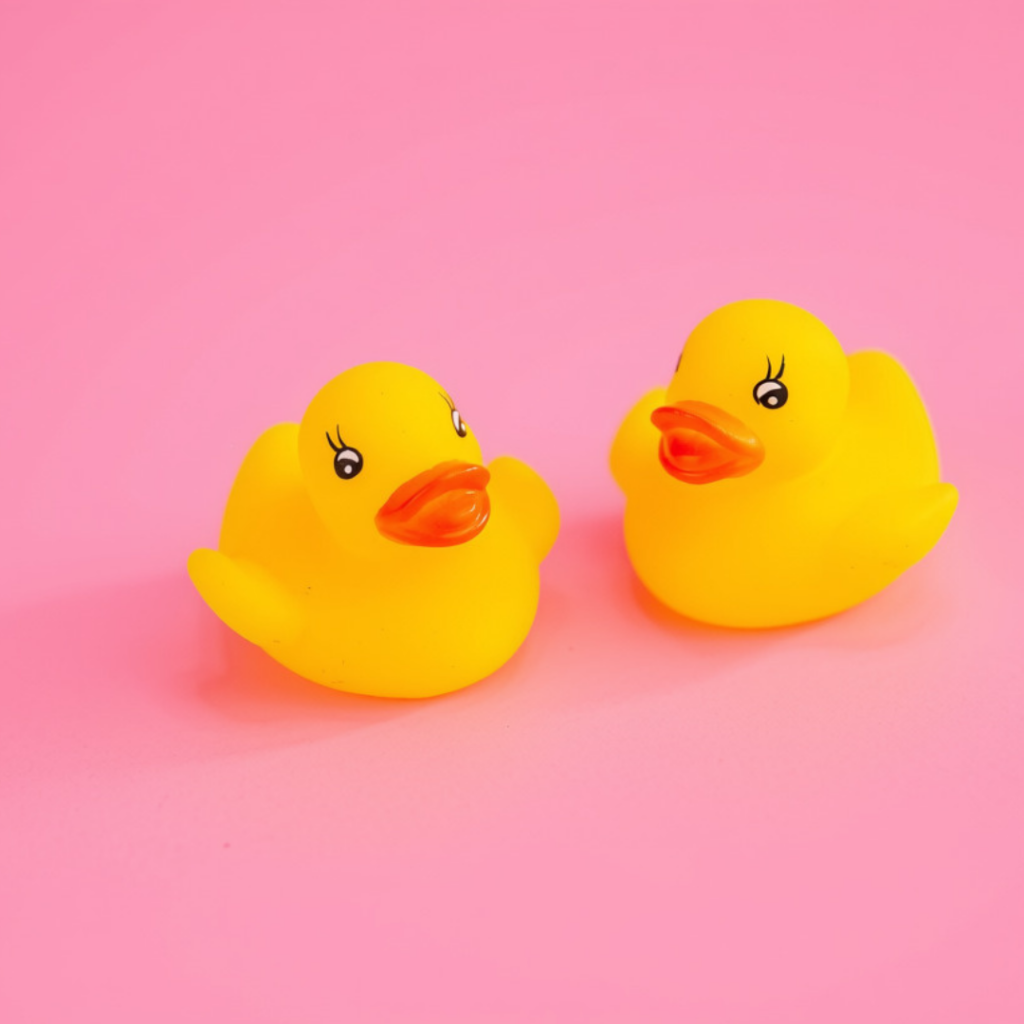 Two rubber ducks with pink background