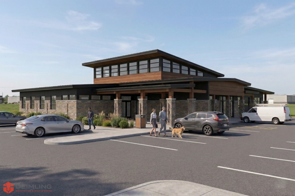 Architectural rendering of a modern, single-storey commercial building with a central clerestory roof, wood siding, stone veneer walls, and large windows