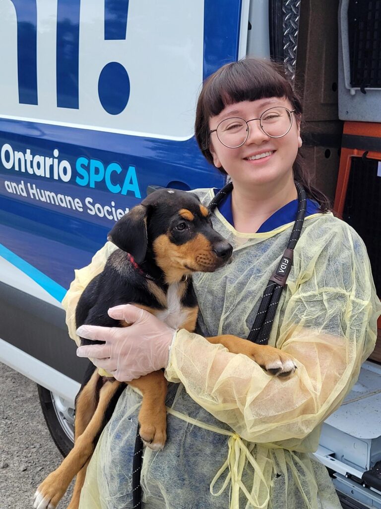 A person wearing protective gloves and a disposable gown smiles while holding a black-and-tan puppy in front of an Ontario SPCA and Humane Society animal transport vehicle.