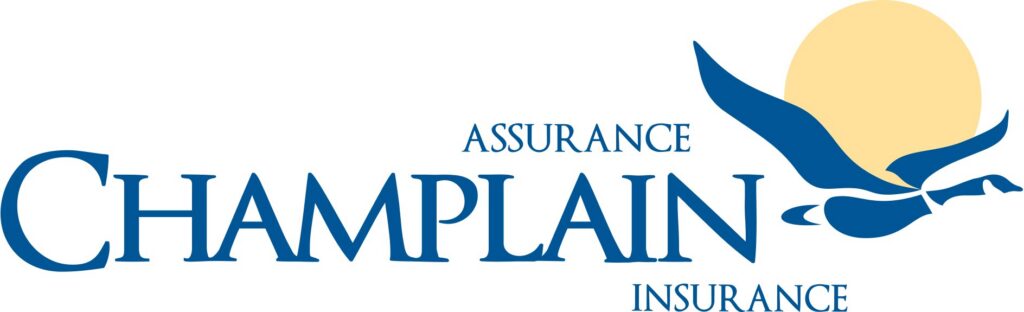 Logo for Champlain Assurance featuring the word "CHAMPLAIN" in large blue serif lettering, with "ASSURANCE" and "INSURANCE" positioned above and below. On the right, a stylized blue silhouette of a bird flies across a large, pale yellow sun.