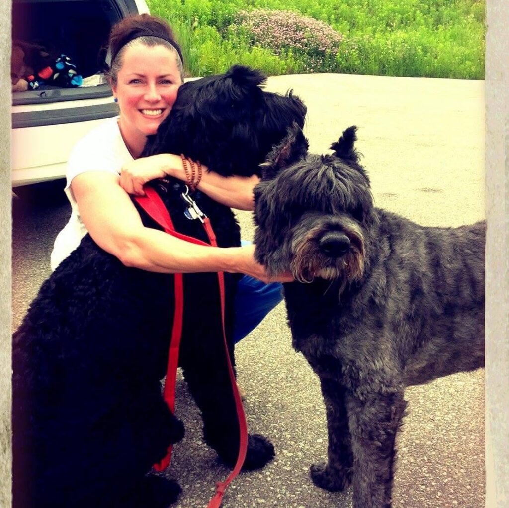 A smiling person crouches outdoors, hugging two large black shaggy dogs beside a parked vehicle.