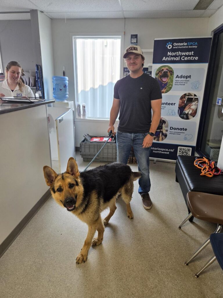 A man stands with a German Shepherd inside the Ontario SPCA Northwest Animal Centre.