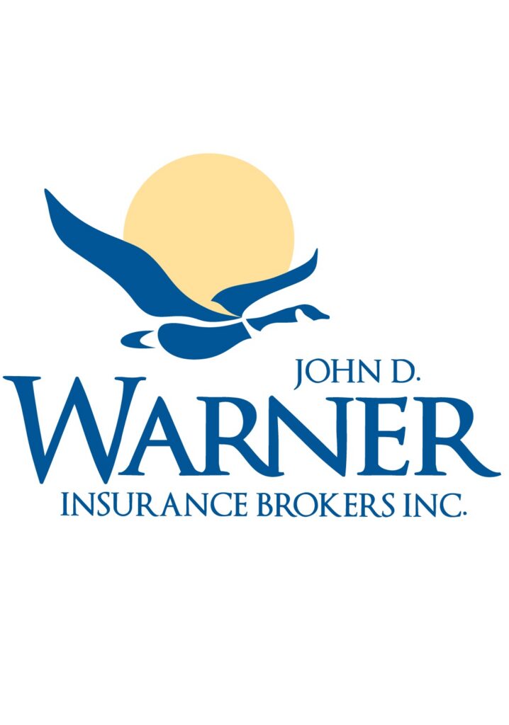 Logo for John D. Warner Insurance Brokers Inc. showing a blue silhouette of a Canada goose in flight against a large, pale yellow sun. Below the graphic, the company name is written in elegant blue serif typography.
