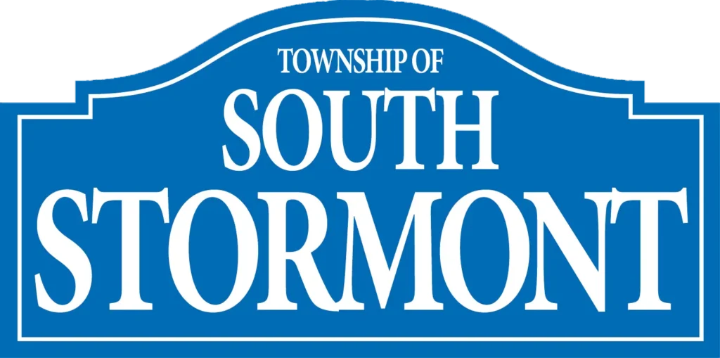 A rectangular blue sign-style logo with a curved top banner reading "TOWNSHIP OF". Below it, the words "SOUTH STORMONT" are prominently displayed in a bold, white serif typeface.