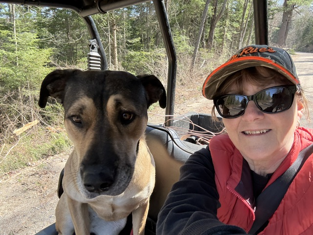 A woman and her tan and black dog pose for a selfie while riding in a utility vehicle on a wooded trail.