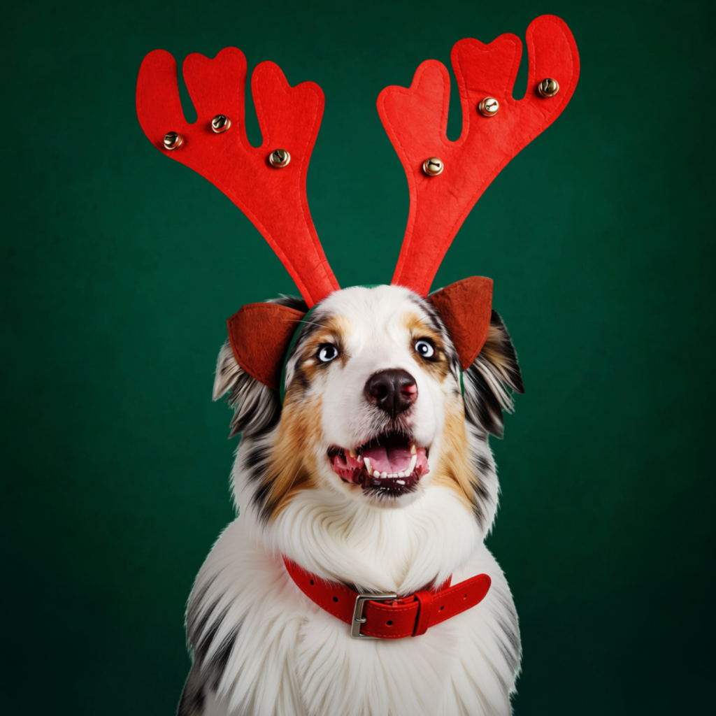 image of Austrailian shepherd wearing red collar and holiday antlers, with green backdrop