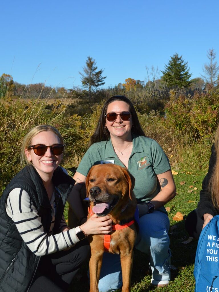 Two people kneel in a grassy field with a smiling golden-brown dog in an orange harness