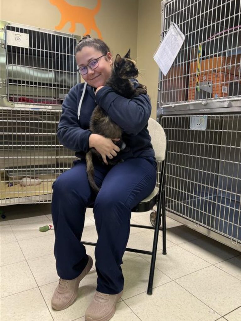 A smiling woman in navy scrubs sits on a chair holding a tortoiseshell cat between rows of steel kennels.
